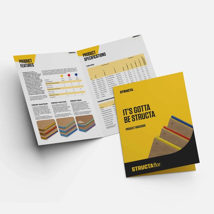 Marketing brochure of STRUCTAflor®, with an open spread and a closed copy sitting on top showing the cover